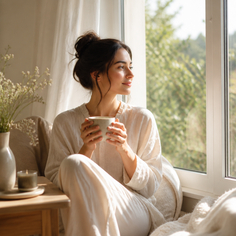 woman enjoying peaceful self-care moment by window with tea